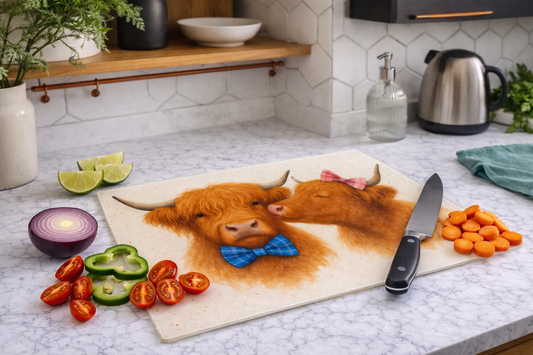 Kissing Highland Cows Glass Chopping Board – Tempered Heat-Resistant Kitchen Gift