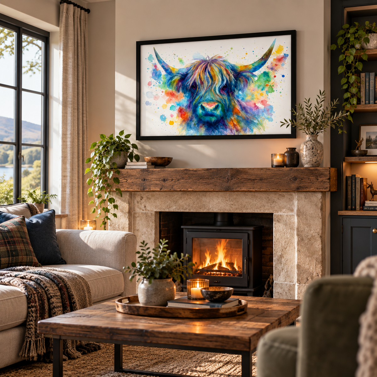 Rainbow Splash Highland Cow – Vibrant Watercolour Wall Art Print