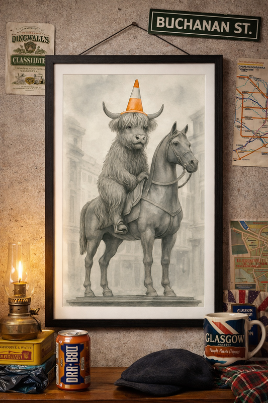 Duke of Moo-Llington Wall Art Print-Funny Highland Cow Statue Poster with Traffic Cone