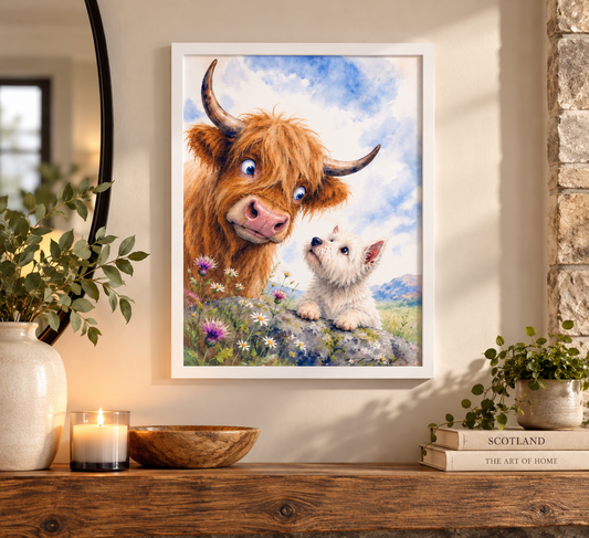 Coo and Westie | Highland Cow & West Highland Terrier Wall Art