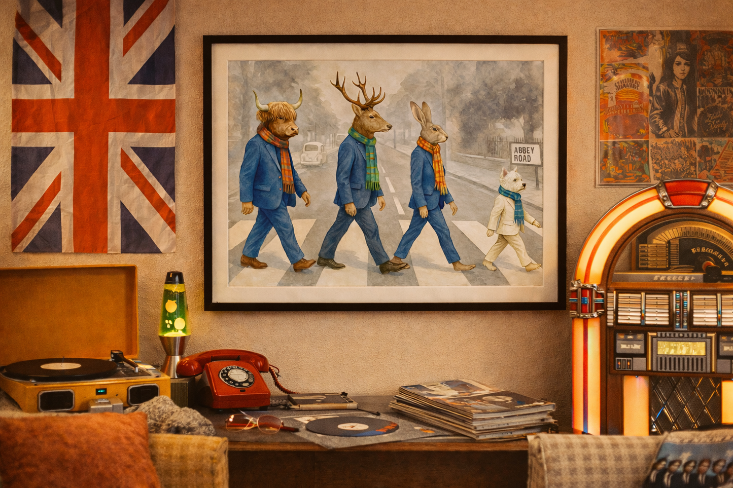 Tartan Day Trippers on Abbey Road – Highland Cow & Friends Watercolour Art Print