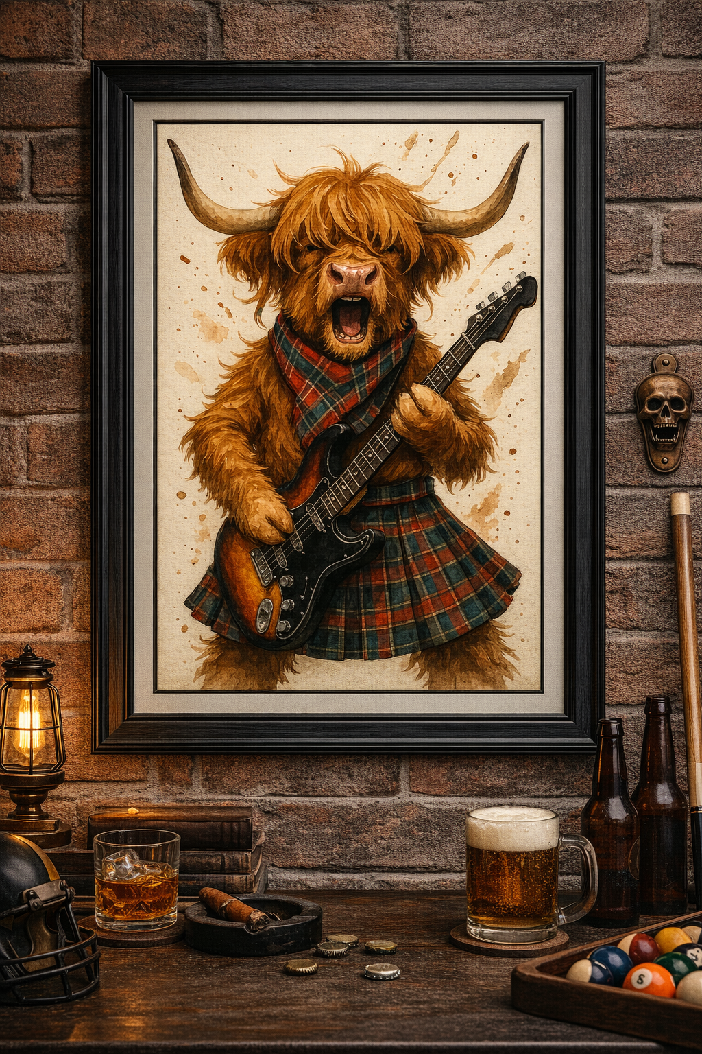 “Highland Rocker Poster – Cool Cow in Kilt with Guitar | Watercolor Wall Art Print”