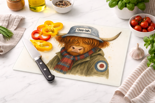 Oas-ish Highland Cow Glass Chopping Board | A3 Heat-Resistant Kitchen Art