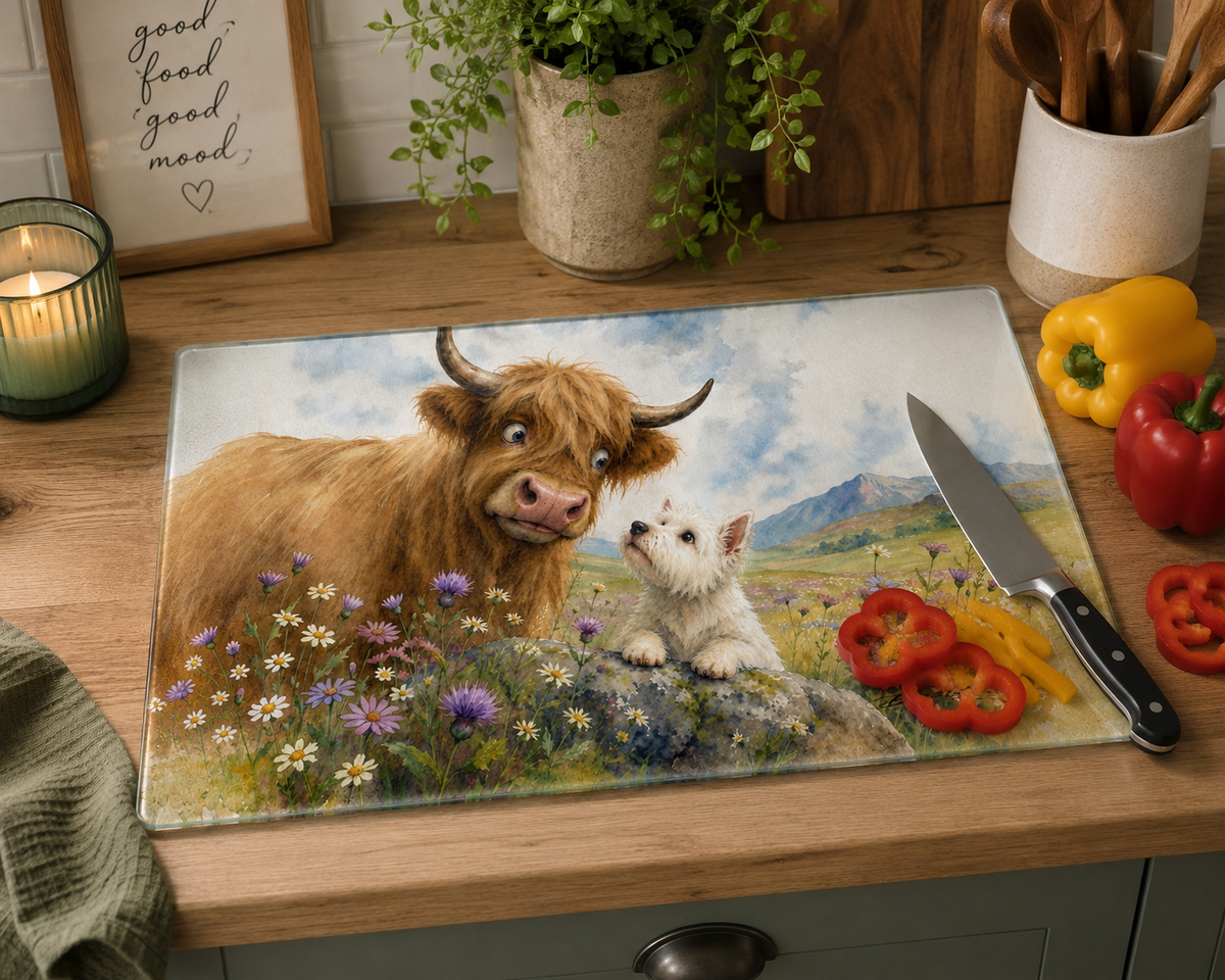Coo and Westie | Highland Cow & Westie Glass Worktop Saver