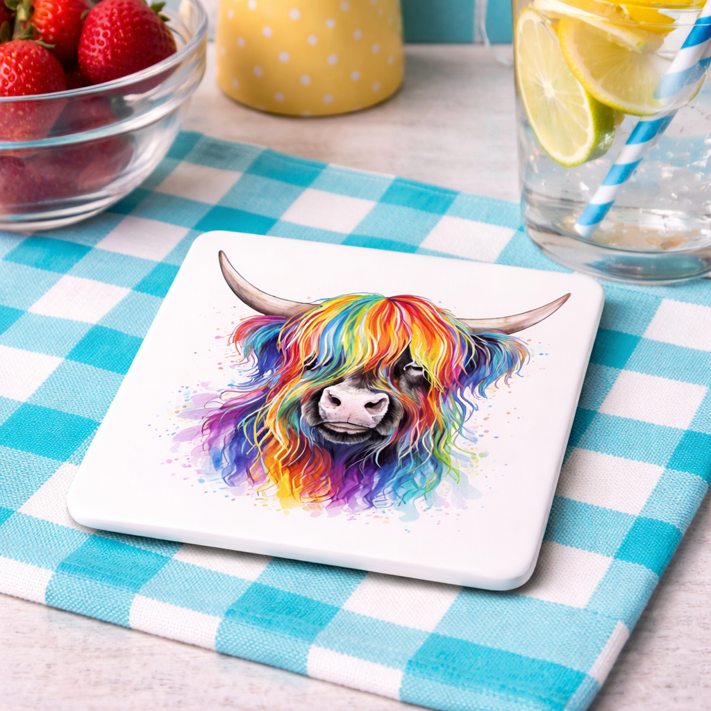 From Norma with Colour – Highland Cow Ceramic Coaster Set (Set of 4)