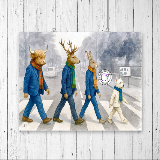 Tartan Day Trippers on Abbey Road – Highland Cow & Friends Watercolour Art Print