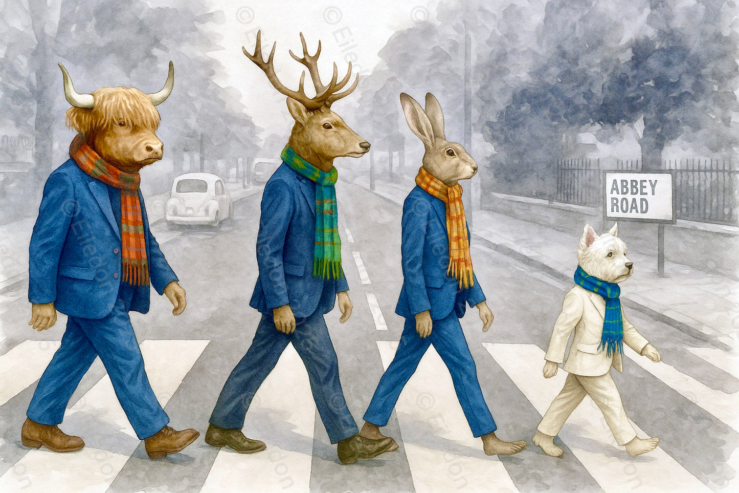 Tartan Day Trippers on Abbey Road – Highland Cow & Friends Watercolour Art Print