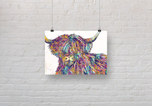 Colourful Abstract Highland Cow A3 Wall Art print