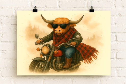 Cool Highland Cow Motorcycle Poster – Vintage Watercolor Wall Art Print
