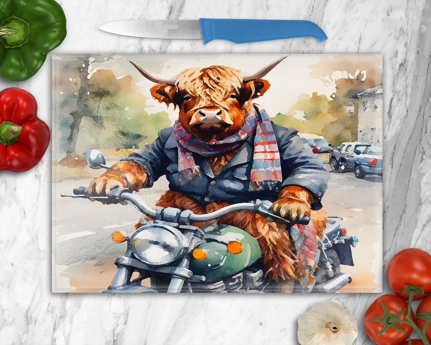 Highland Cow on a Motorbike Glass Chopping Board, Worktop Saver, Pan Stand , Trivet, Made In Scotland