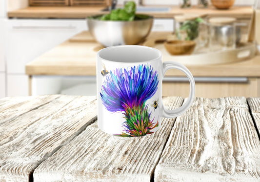 Brightly Coloured Thistle and Bee Tea Coffee Ceramic Mug, Bee Mug, Thistle Mug, Scottish Mug, Bee Lovers Gift, Buzzy Bees Mug, Bee Lovers