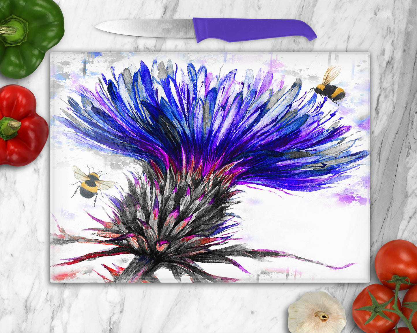 Big Thistle and Bees Glass Chopping Board, Worktop Saver