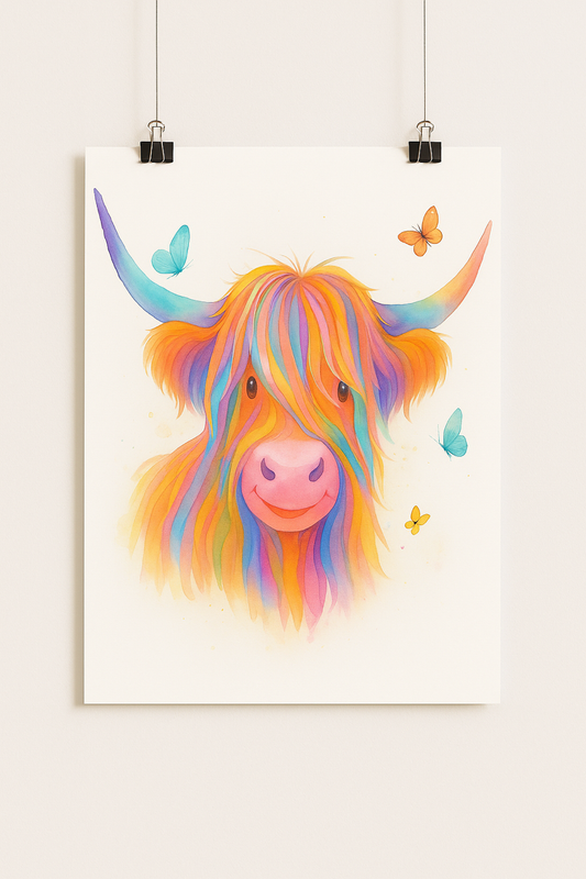Rainbow Highland Cow Wall Art Print With Butterflies-Colourful Animal Decor For Kids' Room or Nursery