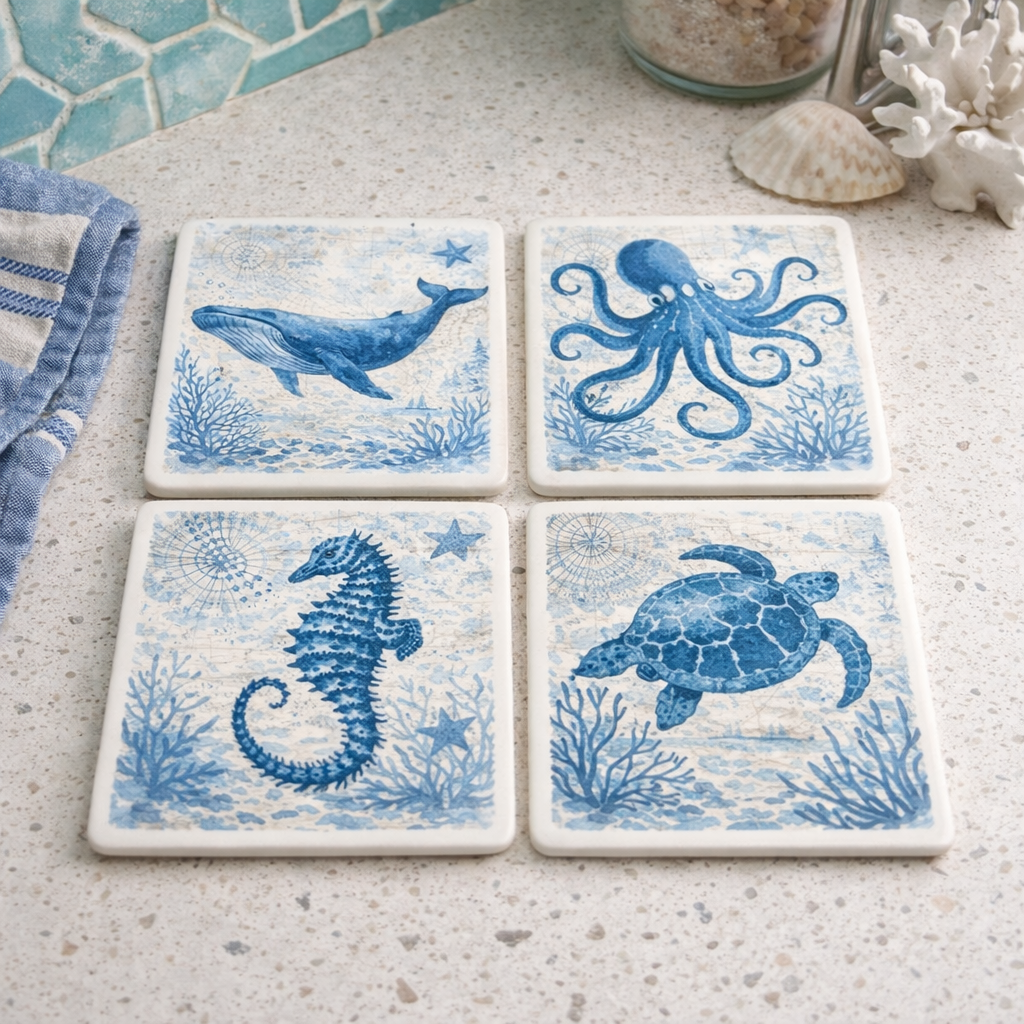 Sea Life Ceramic Coasters – Coastal Nautical Coaster Set | Designed in Scotland by Eiledon