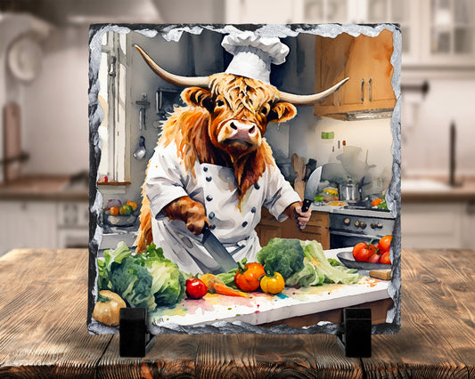 Highland Cow Chef Rock Photo Slate, Decorative Slate, Pan Stand, Trivet, Worktop Saver, Scottish Gift, Made In Scotland