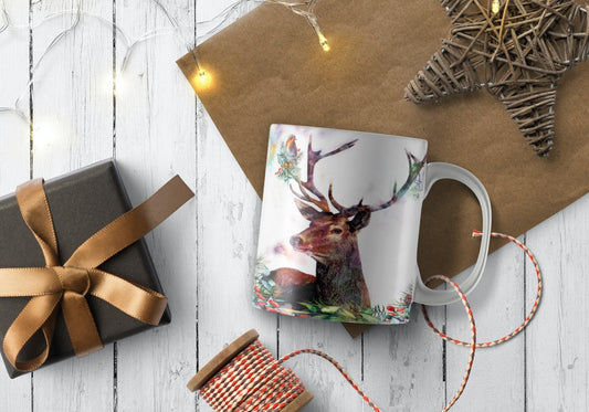 Christmas Stag Tea Coffee Ceramic Mug, Highland Stag Mug, Scottish Mug, Highlands, Scottish Gift, Christmas Mug, Christmas Gift