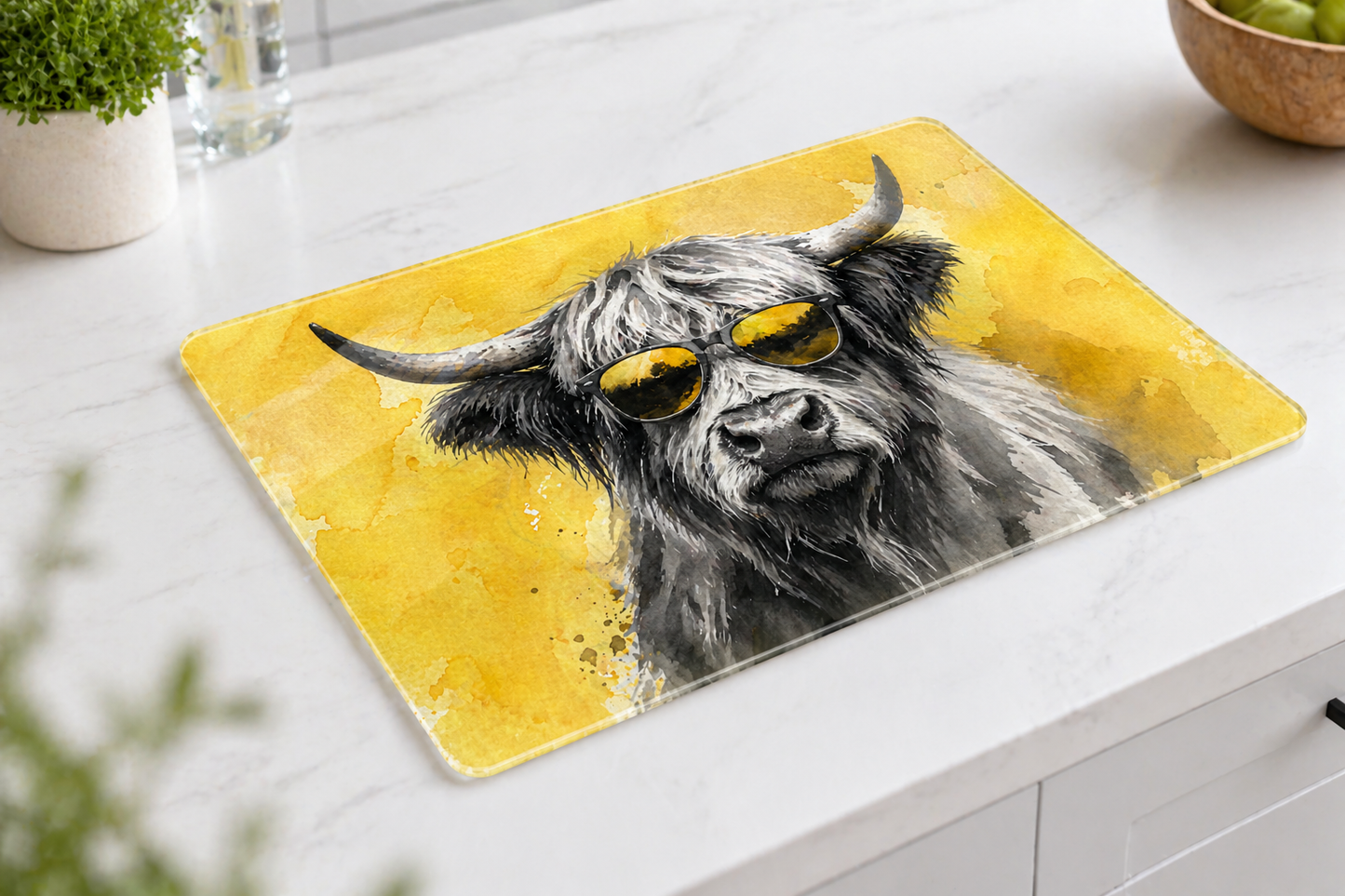 Glass Chopping Board | Highland Cow Kitchen Art | Shades of Scotland | Eiledon