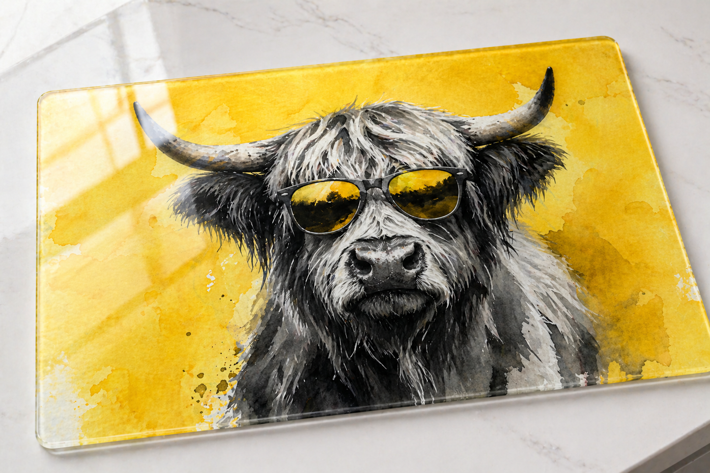 Glass Chopping Board | Highland Cow Kitchen Art | Shades of Scotland | Eiledon