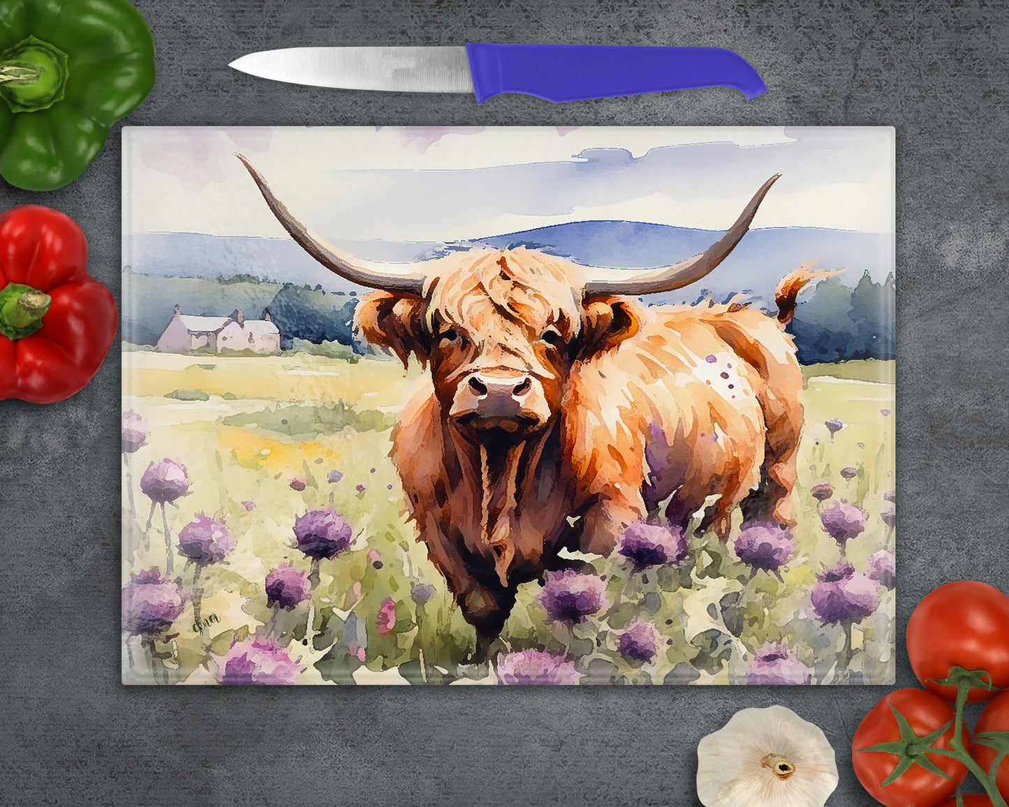 Highland Cow  and Thistles Glass Chopping Board, Worktop Saver, Pan Stand , Trivet, Made In Scotland