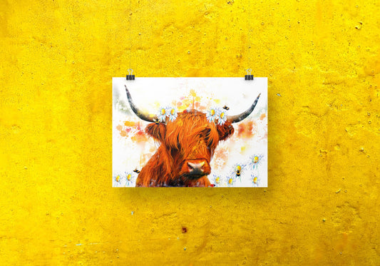 Highland Cow with Daisies and Bees A3 Wall Art print