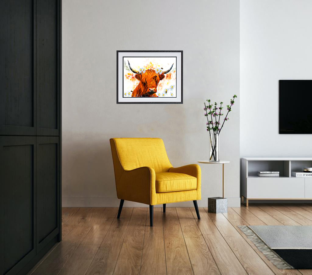 Highland Cow with Daisies and Bees A3 Wall Art print