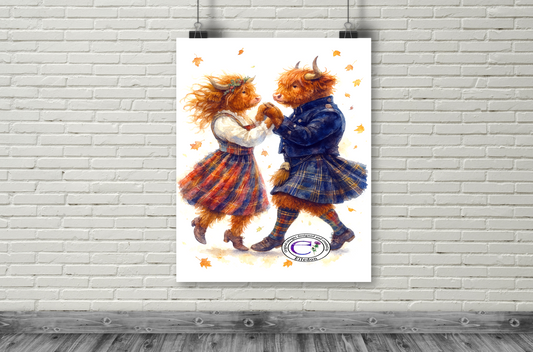 Highland Cow Ceilidh Dance Art Print – Romantic Scottish Watercolor