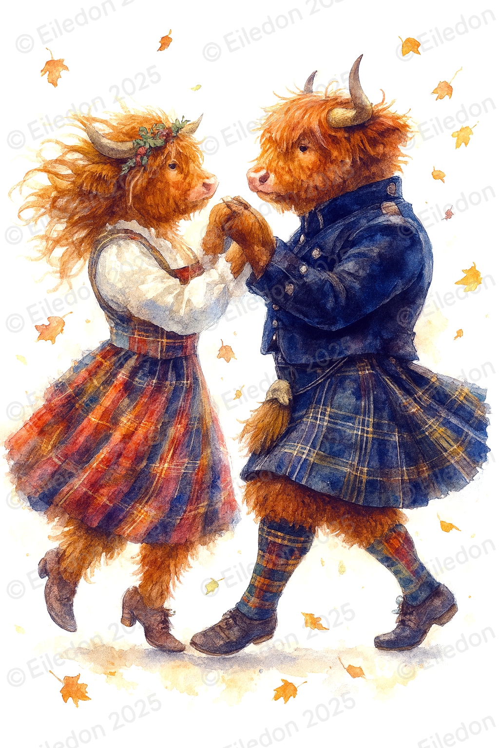 Highland Cow Ceilidh Dance Art Print – Romantic Scottish Watercolor