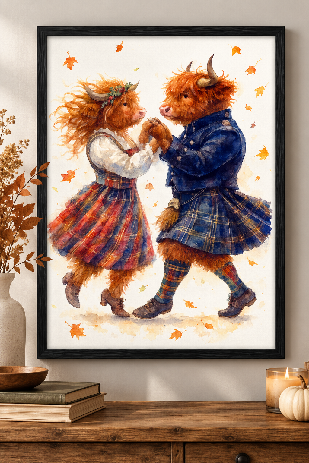 Highland Cow Ceilidh Dance Art Print – Romantic Scottish Watercolor