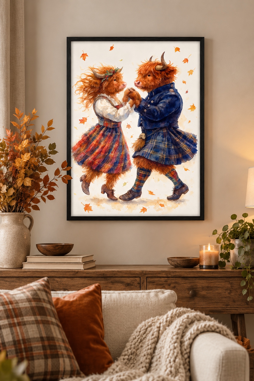 Highland Cow Ceilidh Dance Art Print – Romantic Scottish Watercolor
