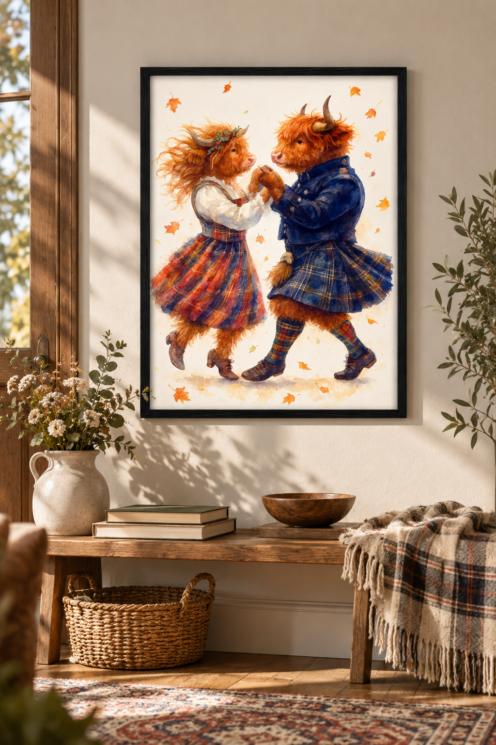 Highland Cow Ceilidh Dance Art Print – Romantic Scottish Watercolor