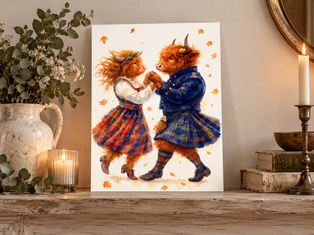 Highland Cow Ceilidh Dance Art Print – Romantic Scottish Watercolor