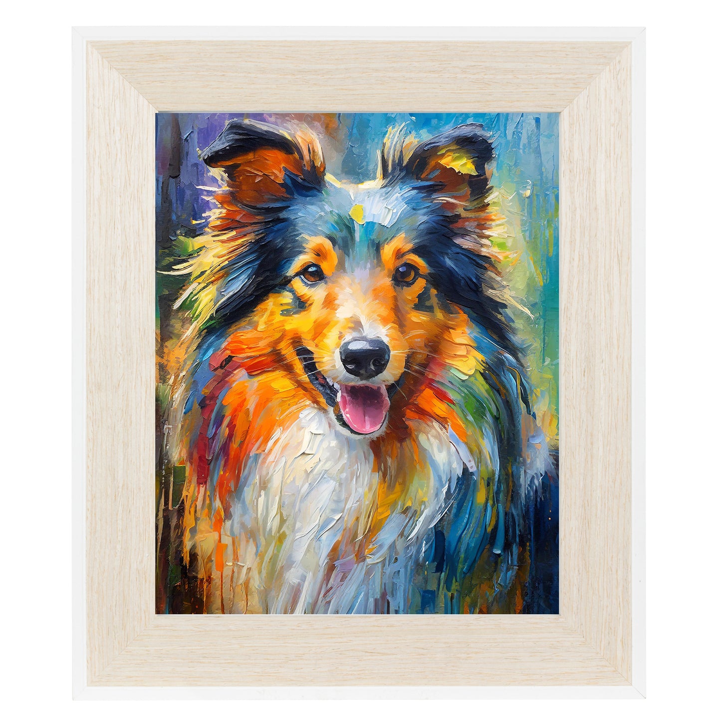Framed Colourful Dog Print  Light Wood & White Frame by Eiledon