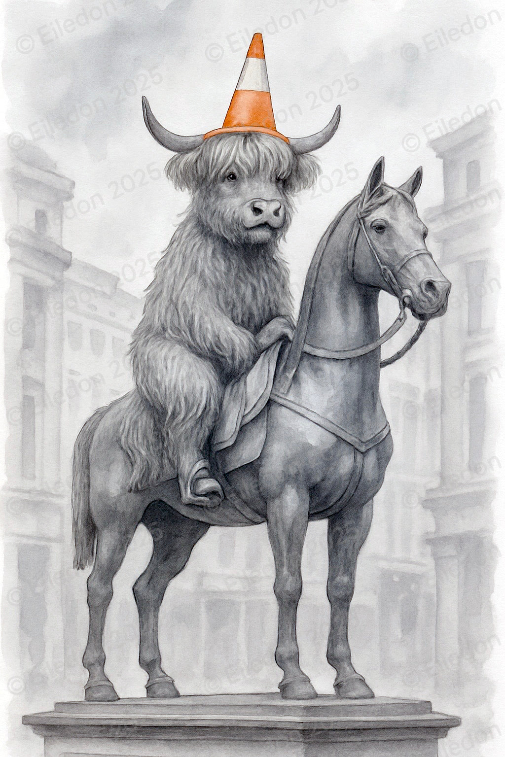 Duke of Moo-Llington Wall Art Print-Funny Highland Cow Statue Poster with Traffic Cone