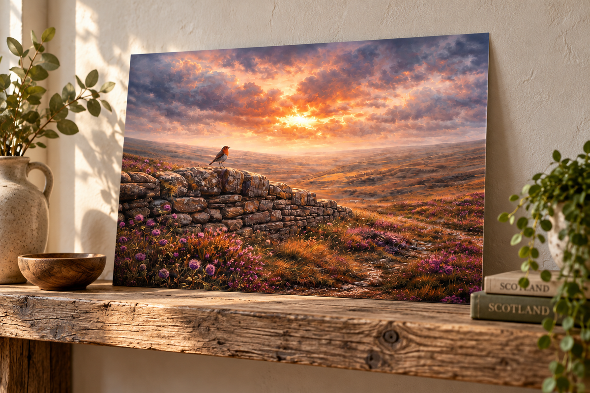 Still Paths – Robin | Scottish Landscape & Robin Art Print | A3 Framed or Print Only