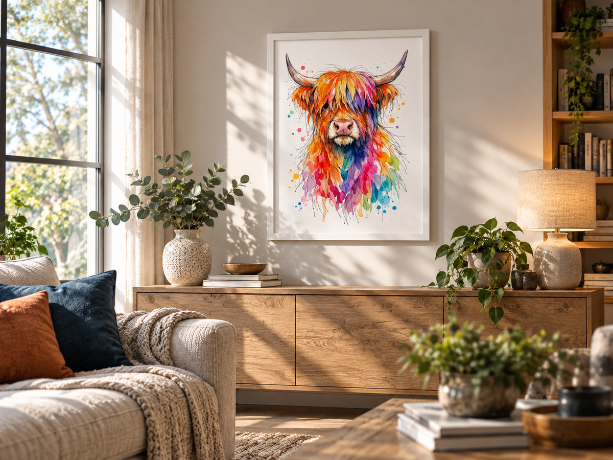 Colourful Highland Cow Wall Art | Scottish Art Print – Ink & Wild
