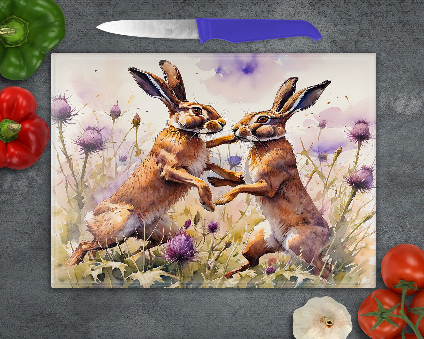 Fighting Hares Glass Chopping Board, Worktop Saver, Pan Stand , Trivet, Made In Scotland