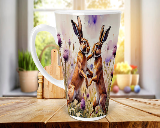 Fighting Hares 17oz Ceramic Skinny  Latte Mug, Hares Latte Mug, Hare Lovers Mug, Hare Lovers Gift, Skinny Latte Mug