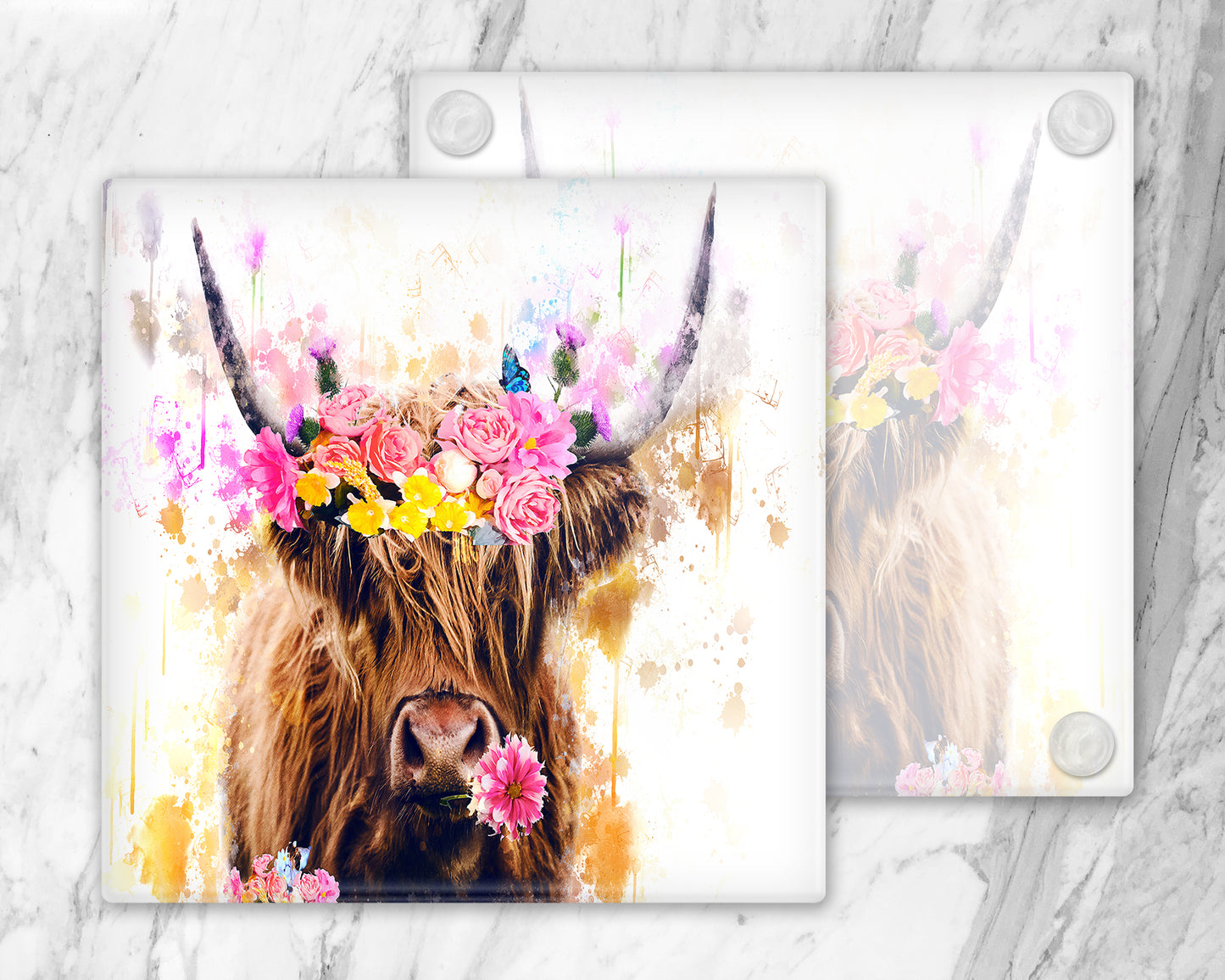 Highland Cow Flowers Coasters ,Floral Coaster, Cow Coasters, Flowers, Highland Cow Gift, Highland Cows, Glass Coasters, Drinks Holder