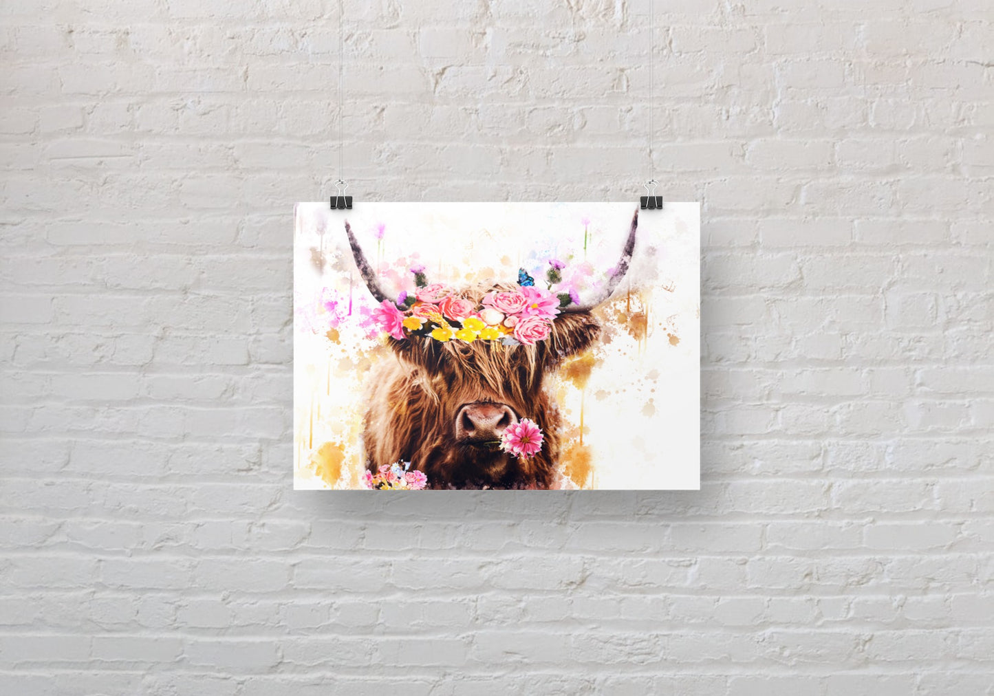 Highland Cow  with Flowers In Her Hair A3 Wall Art print