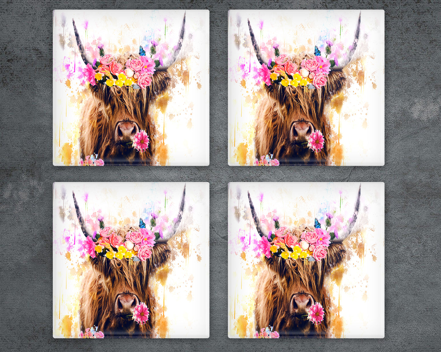 Highland Cow Flowers Coasters ,Floral Coaster, Cow Coasters, Flowers, Highland Cow Gift, Highland Cows, Glass Coasters, Drinks Holder