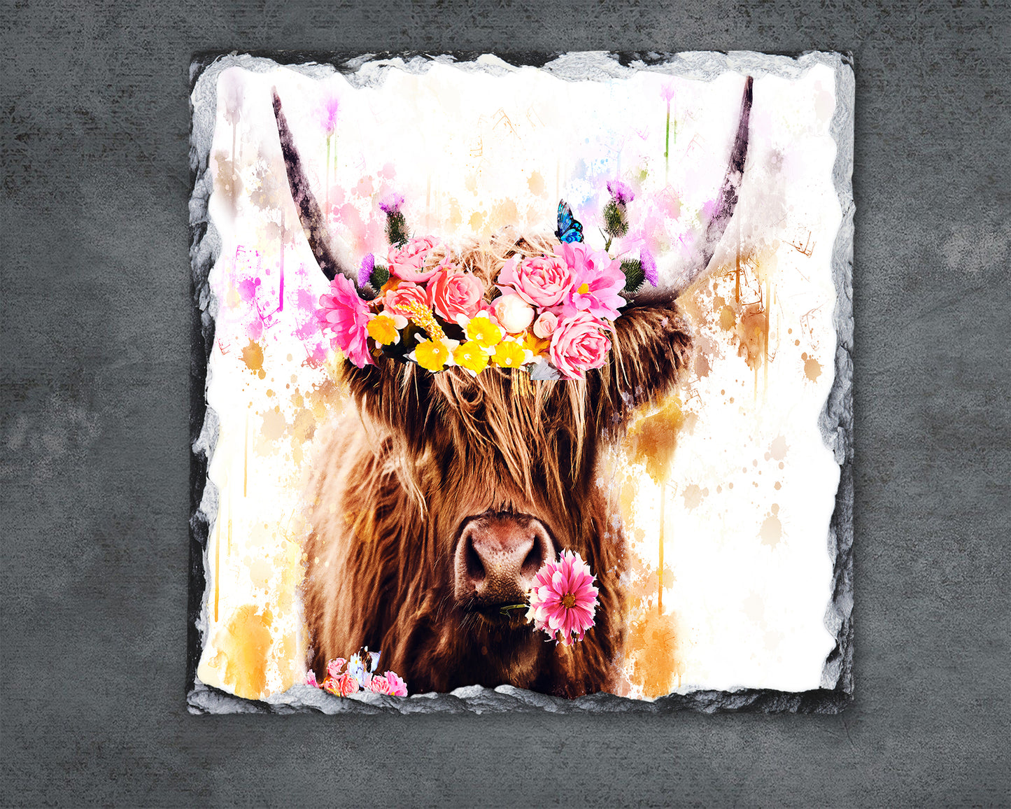 Highland Cow with Flowers in Her Hair Decorative Rock Slate, Pan Stand, Trivet, Made In Scotland