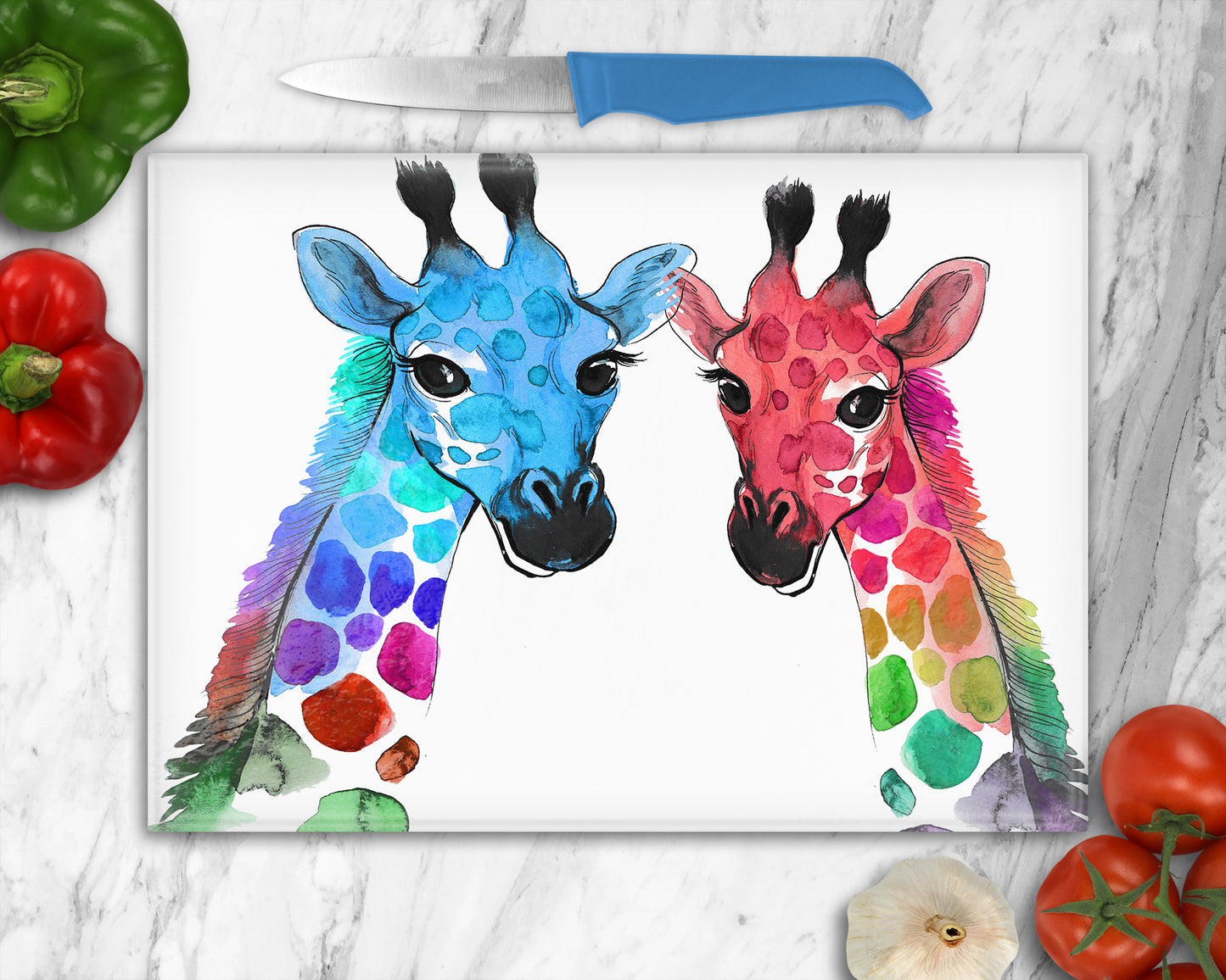 Colourful Giraffe Couple  Glass Chopping Board, Worktop Saver  Scottish Gift, Giraffes, Colourful Giraffes, Giraffe Gift, Giraffe Lovers
