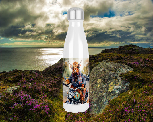 Hairy Coo Biker Thermal Insulated 500ml Bowling Pin Shape Drinks Bottle, Made In Scotland, Highland Cow Gift, Highland Cow Lovers,Scottish Gift