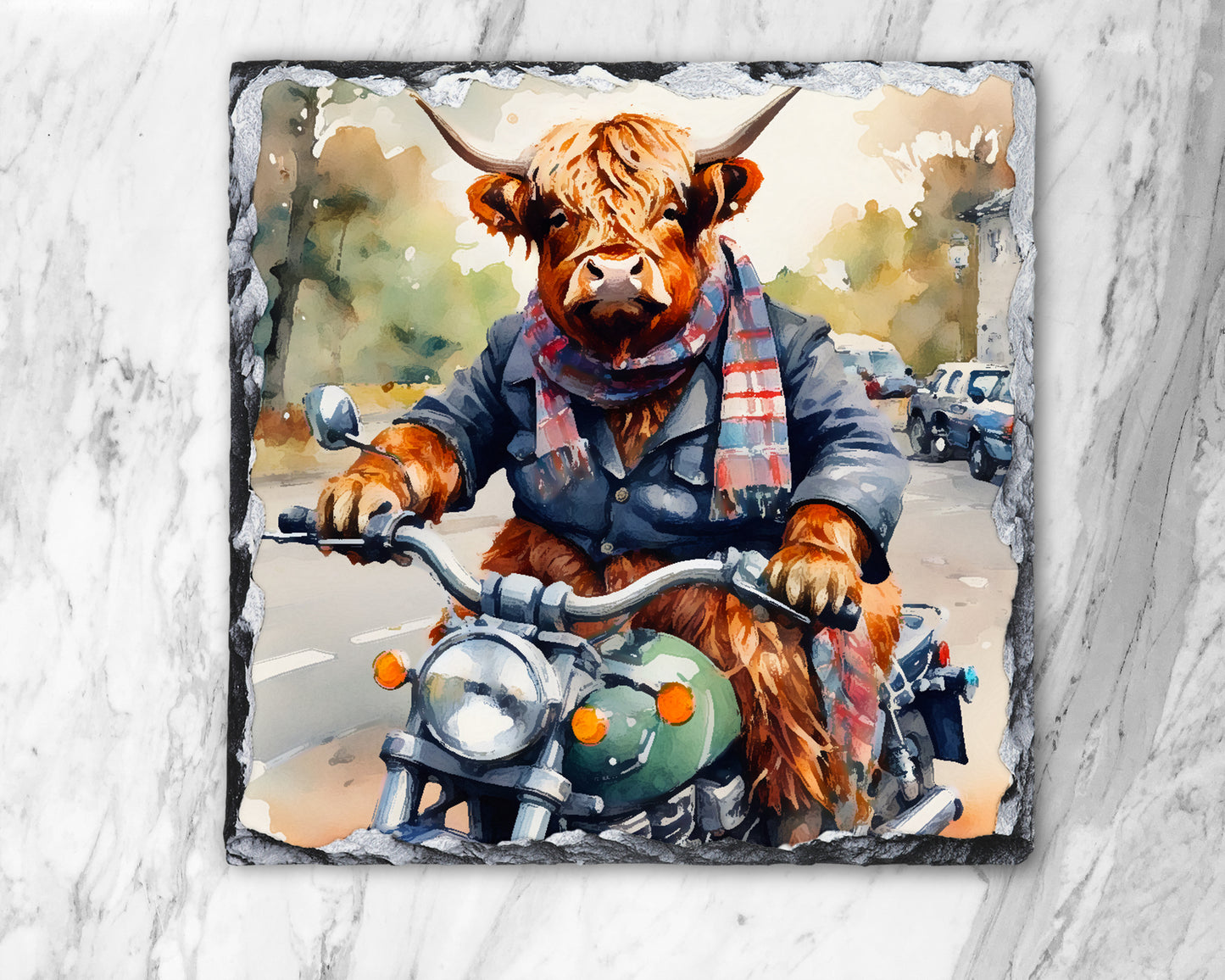 Highland Cow Biker  Photo Slate, Decorative Slate, Pan Stand, Trivet, Worktop Saver, Scottish Gift, Made In Scotland