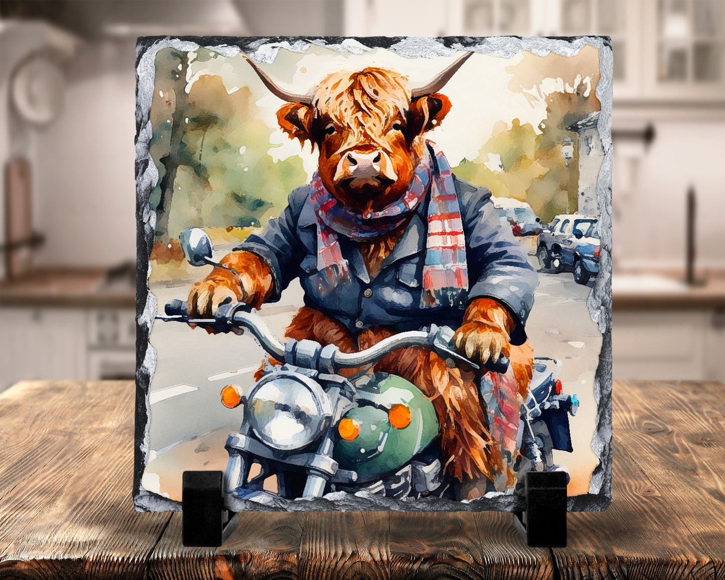 Highland Cow Biker  Photo Slate, Decorative Slate, Pan Stand, Trivet, Worktop Saver, Scottish Gift, Made In Scotland