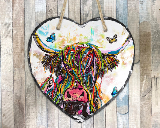 Highland Cow and Butterflies Hanging Slate Heart