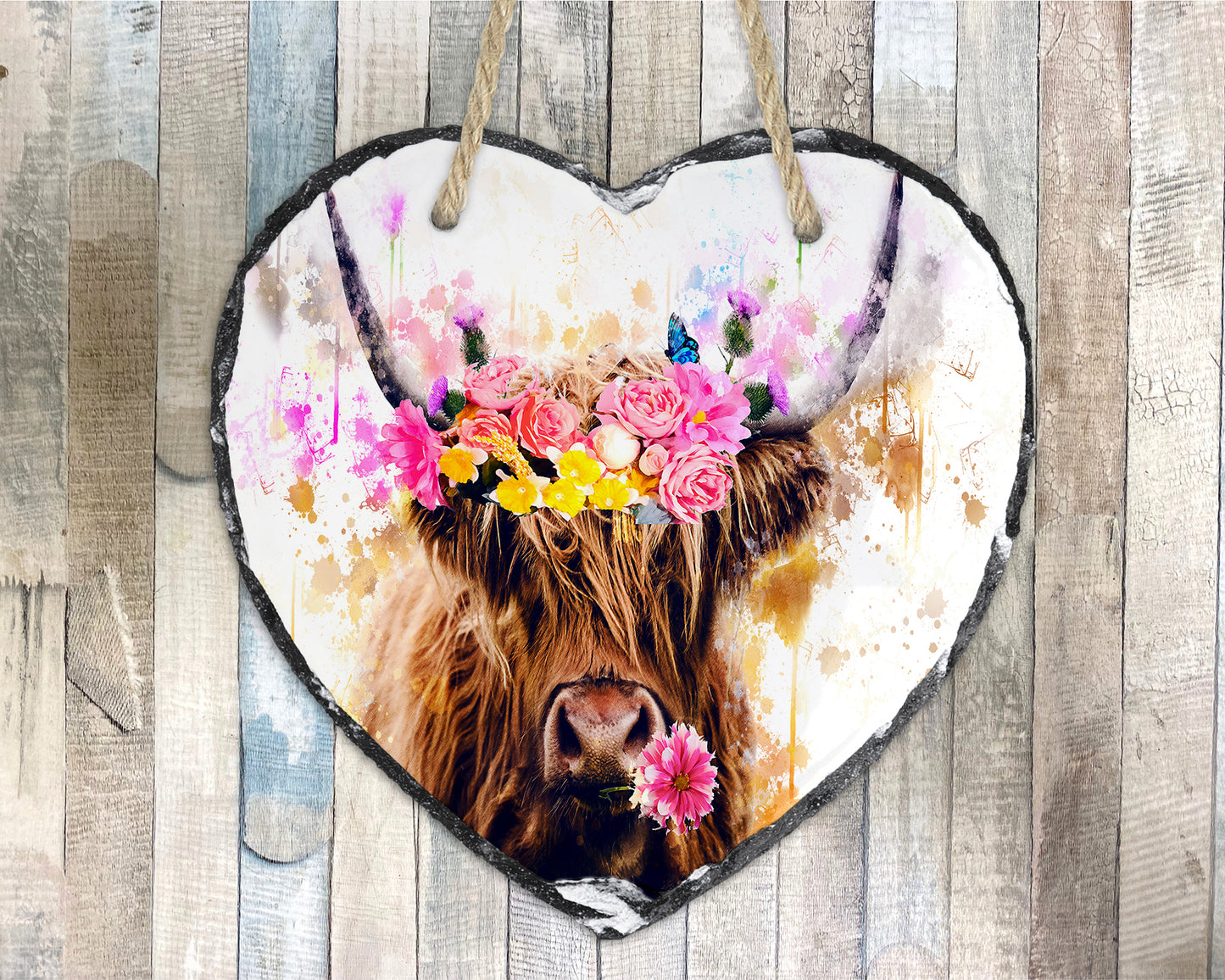 Highland Cow Flowers In her Hair Hanging Slate Heart