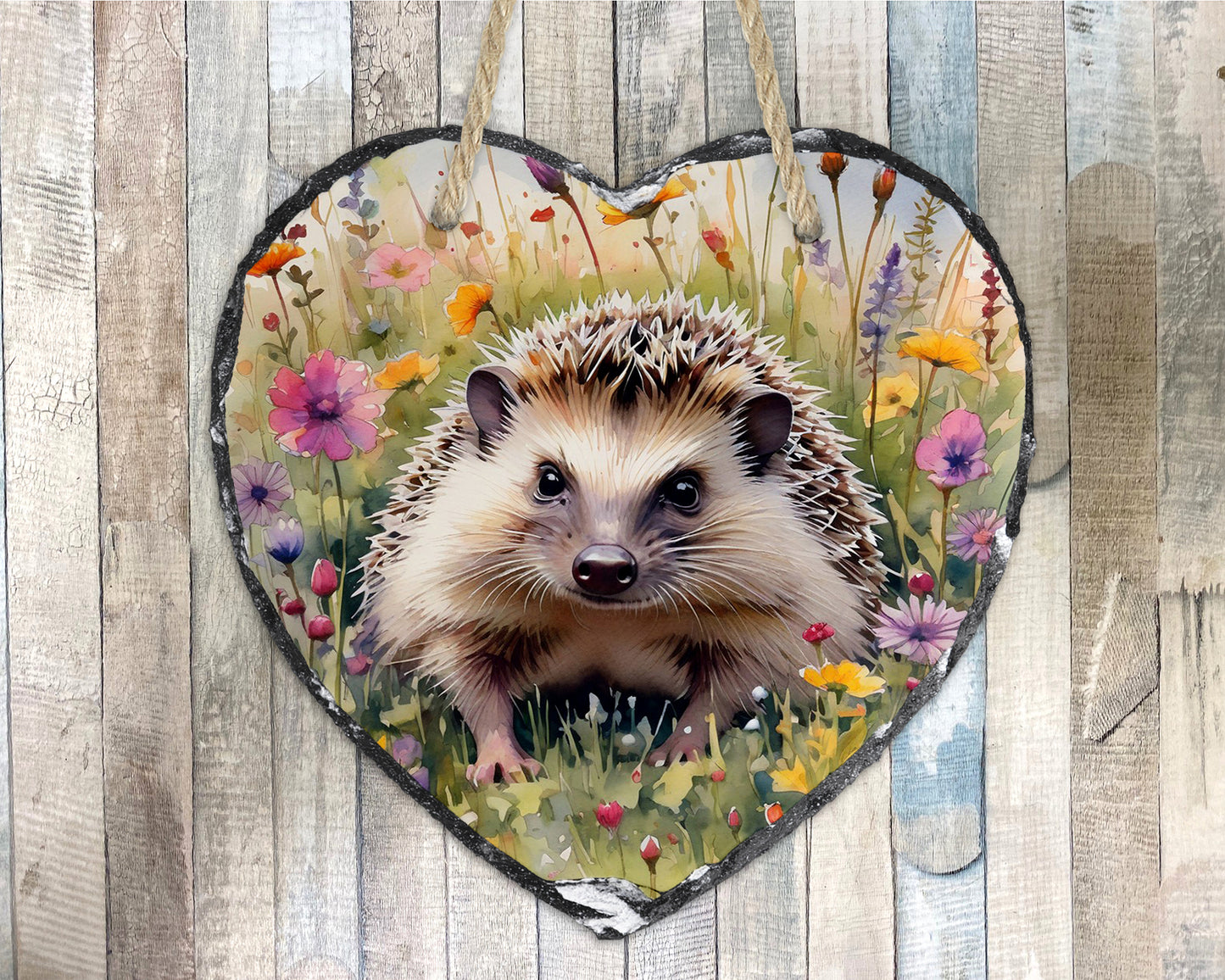 Wild Flowers Hedgehog Hanging Slate Heart