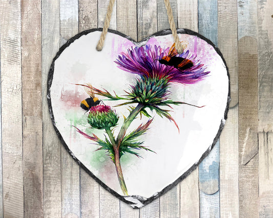 Thistle Bee Hanging Slate Heart