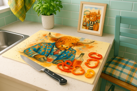 Highland Cow Glass Chopping Board – Watercolor Art with Whisky